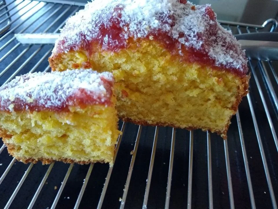 Jam and Coconut Sponge with Pink Custard